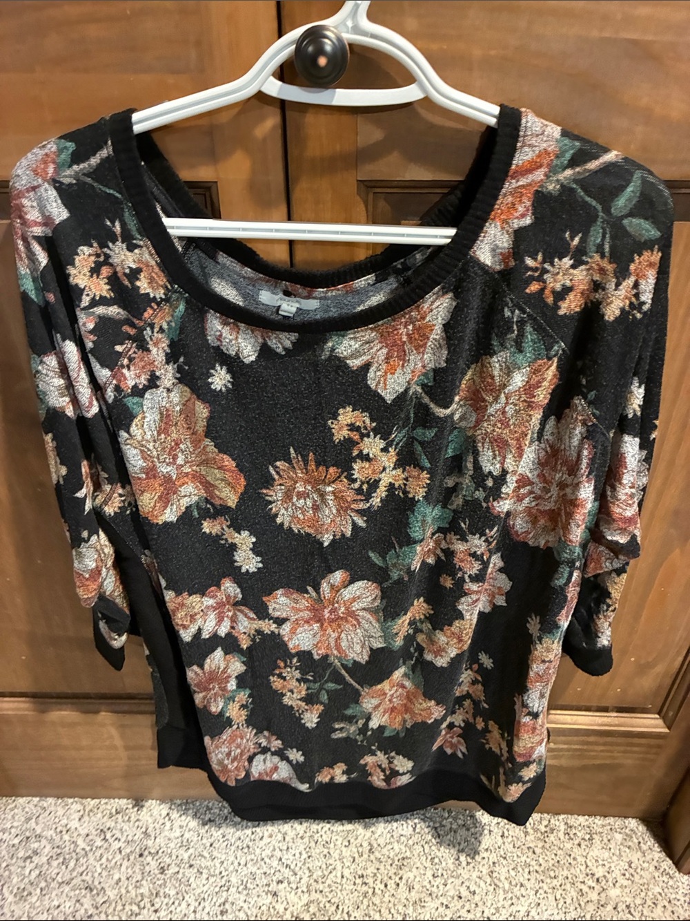 Maurices Black Floral Scoop Neck Tunic with Rust & Green Accents